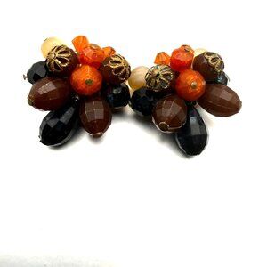 Vintage W. Germany Cluster Beaded Clip-On Earrings Brown Black Orange Glass Bead